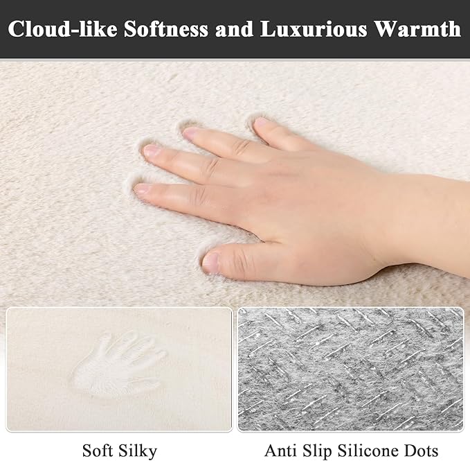 SHACOS Silky Soft Faux Rabbit Fur Area Rug 6'x9', Non Slip Washable Padded Throw Rugs, Fluffy Cozy Indoor Modern Carpet for Living Room Bedroom Dining Room Kids Room Dorm Home Decor, Cream