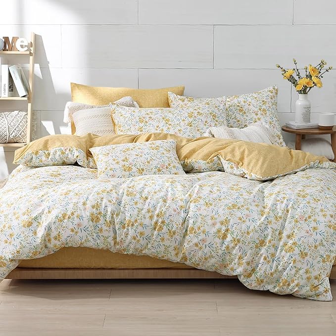 ALEISSEL Natural Cotton 3pcs Floral Comforter Sets Queen Size-Yellow Comforter with Pink & Yellow Flowers and Blue & Green Leaves on White, Reversible Lightweight Bedding Sets(Queen 90"×90")