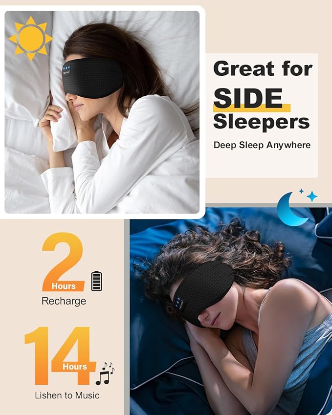 Bluetooth Sleep Headphones Sleep Mask | Breathable Eye Mask for Sleeping | 16hrs Playingtime | Light Blocking Eye Mask |Wireless Music Eye Mask | Best for Sleeper | Travel |Black