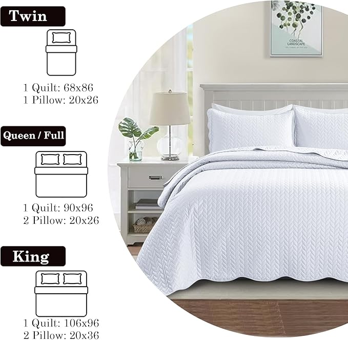 IR Imperial Rooms Queen Quilt Bedding Set Size (90" x 96") + 2 Pillow Shams (20" x 26"+ 2") - 3 Pcs All Season Lightweight Reversible Microfiber Coverlet Embossed Quilt Bedspread (White)