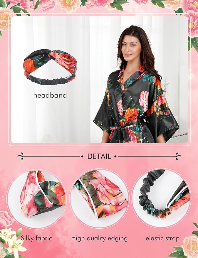 EPLAZA Silk Robes for Women Satin Robe Short Sexy Print Flower Kimono Loungewear Wedding Bridal Party