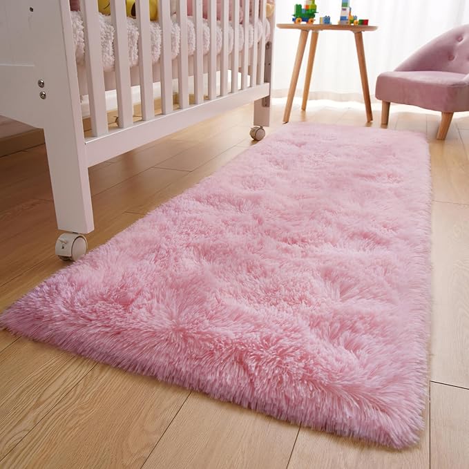 YJ.GWL Soft Area Rugs Fluffy Runner Rug for Bedroom Living Room 2x6 Feet, Pink Shag Rug Plush Carpet Non Slip for Nursery Dorm, Fuzzy Bedside Rug for Kids Boys Girls Room Home Decor