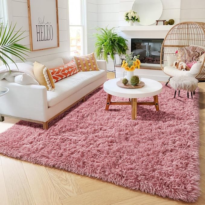 Amdrebio Blush Pink Area Rugs for Living Room Girls Bedroom, 6x9 Kawaii Shaggy Fluffy Rugs for Kids Room Playroom, Plush Shag Fuzzy Furry Carpet for Nursery Dorm Classroom, Cute Dusty Rose Mauve Rug