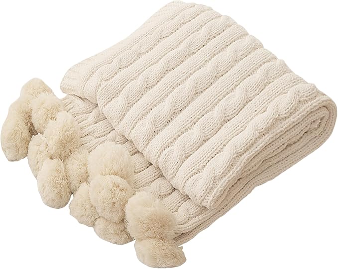 ATMOSURELY Ultra Soft Beige Chenille Cable Knit Throw Blanket with Handmade Pom Poms Cozy Fluffy Knitted Blanket Lightweight Warm Woven Farmhouse Blanket for Bed Sofa Couch 50x60 Inches (Beige)