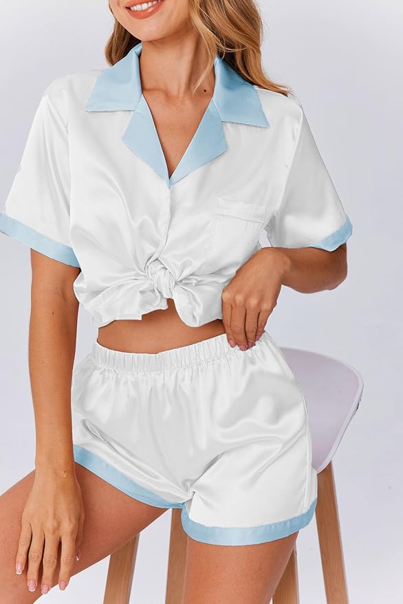 Ekouaer Womens Silk Satin Pajama Set Short Sleeve PJs 2 Piece Button Down Top and Shorts Notch Collar Sleepwear Sets Soft Pjs