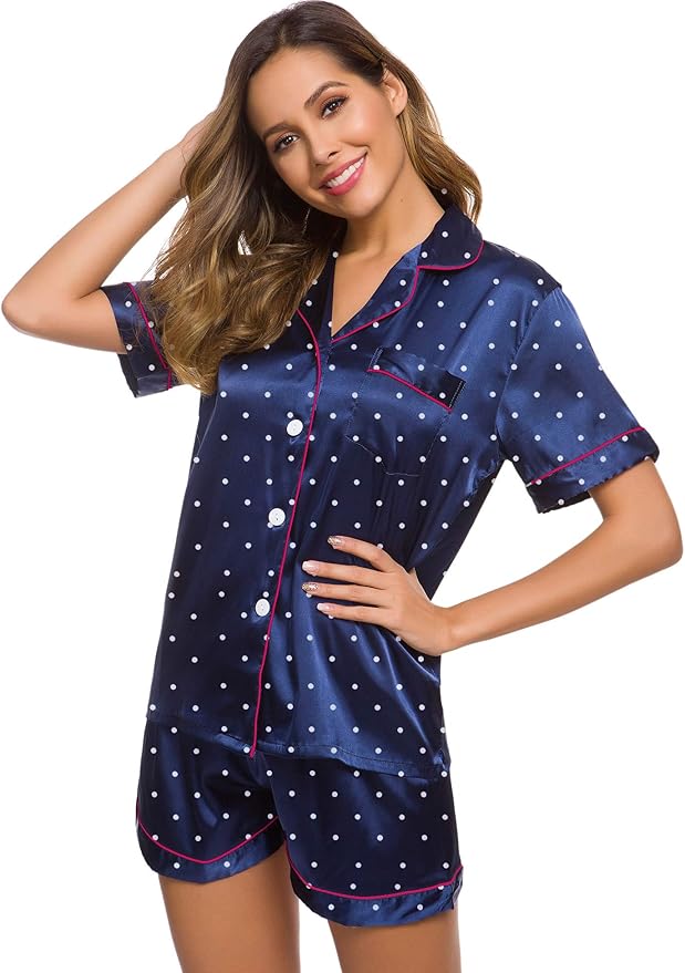 SWOMOG Womens Silk Satin Pajamas Set Short Sleeve Sleepwear Button Down Top and Shorts Loungewear 2 Piece Pjs Set XS-3XL