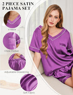 Silk Pajamas for Women Short Sleeve Satin 2 Piece Pj Set Soft V Neck Sleepwear Loungewear, S-XXL