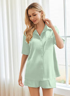 Ekouaer Pajamas for Women Silk Satin Pjs Soft Sleepwear Short Sleeve Button Down Pjs Top and Shorts 2 Piece Lounge Set S-XXL