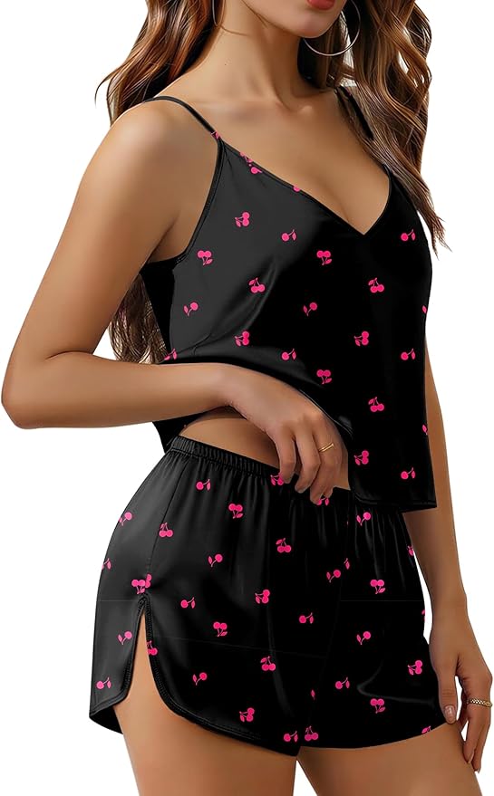 Ekouaer Satin Pajamas Set for Women Silk Cami Pjs Sets Soft Sleepwear V Neck Camisole Top and Shorts