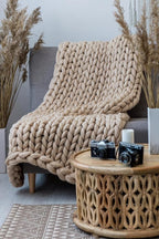 Knitted Chunky Blanket Throw, Handmade for Sofa, Bed or Gift (Camel, 40"x60")