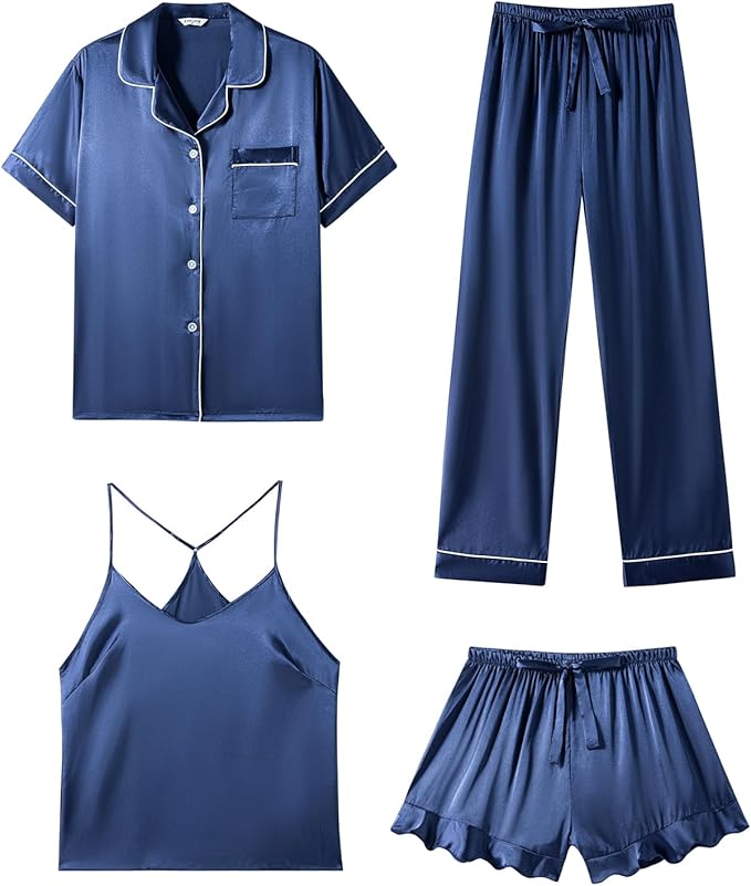 SAPJON Silk Pajamas for Women Set 4Pcs Ruffled Satin Pajamas Set Button Down Short Sleeve Cami Shorts Sleepwear Pj Set