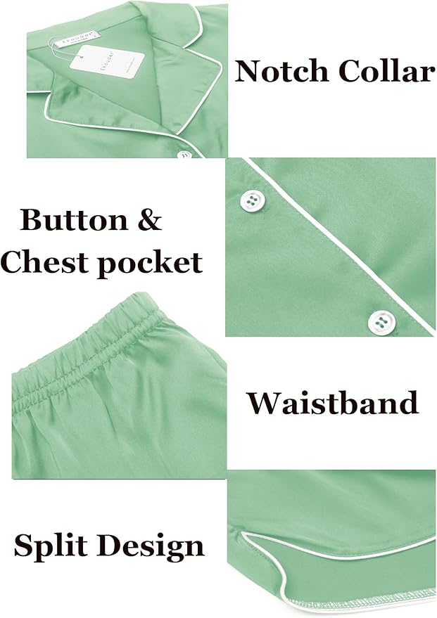 Ekouaer Womens Silk Satin Pajamas Set Short Sleeve Sleepwear Button Down Loungewear 2 Piece Pjs Shorts Set S-5X Plus Size