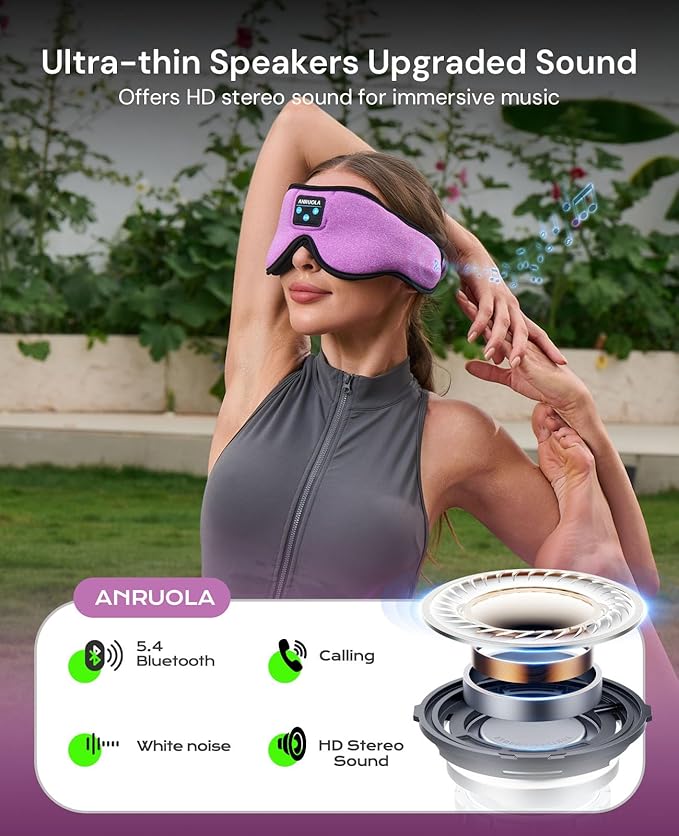 Sleep Mask with Bluetooth 5.4 Headphones, Wireless Sleeping Headphones with Ultra-Thin Stereo Speakers for Side Sleepers, Soft Headband & Blackout Eye Mask for Sleeping, Ideal for Meditation Travel
