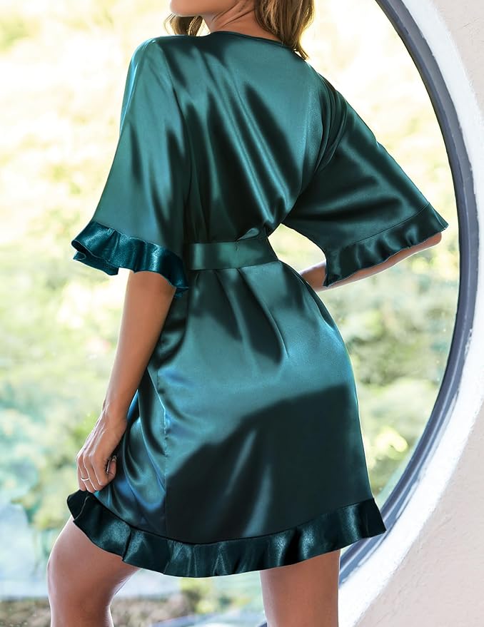 Ekouaer Womens Silk Ruffle Robe Short Satin Kimono Robe Half Sleeve Bathrobe Bridesmaid Wedding Party Dressing Gown