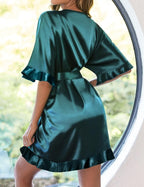 Ekouaer Womens Silk Ruffle Robe Short Satin Kimono Robe Half Sleeve Bathrobe Bridesmaid Wedding Party Dressing Gown