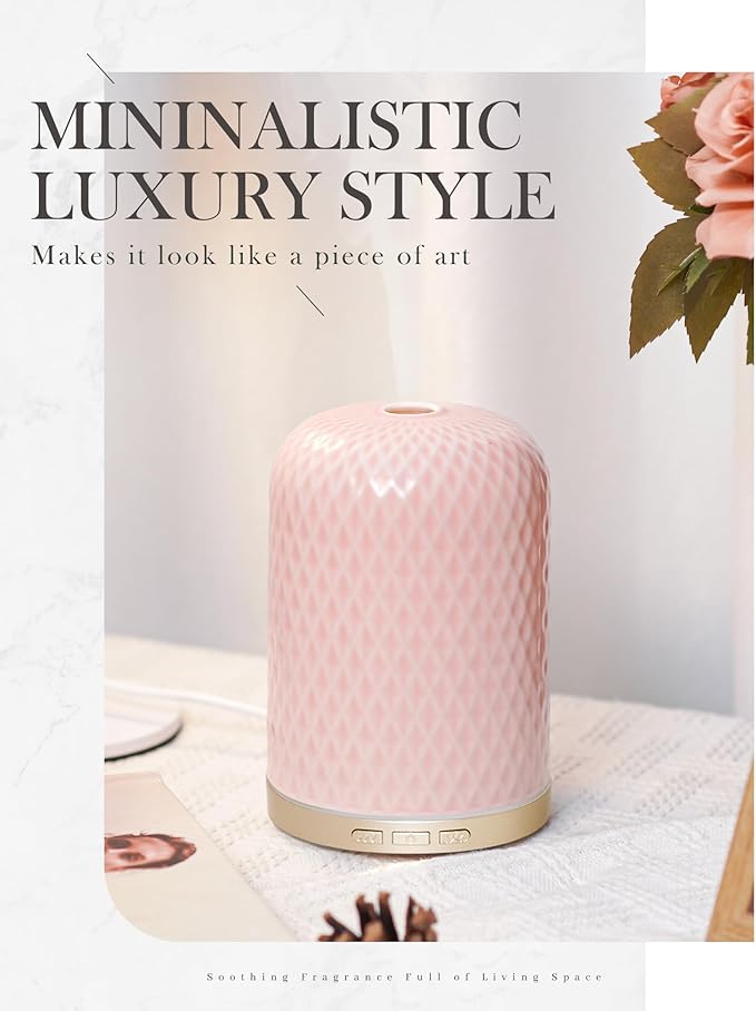 Onaboviva Essential Oil Diffuser -2.4MHz Ultrasonic Pink Ceramic Diffuser for Home,120ml, Pulse&Continuous Mist, Bright/Dim/Breathing Lighting, Waterless Auto-Off, Aromatherapy Diffuser with USB Cable