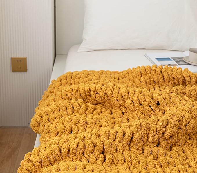 Chunky Knit Blanket Soft Chenille Yarn Knitted Throw Blanket 50"X60" Handmade Cable Warm Thick Giant Blanket for Couch Bed Trips (Turmeric Yellow, Throw 50"X60")?-¡­
