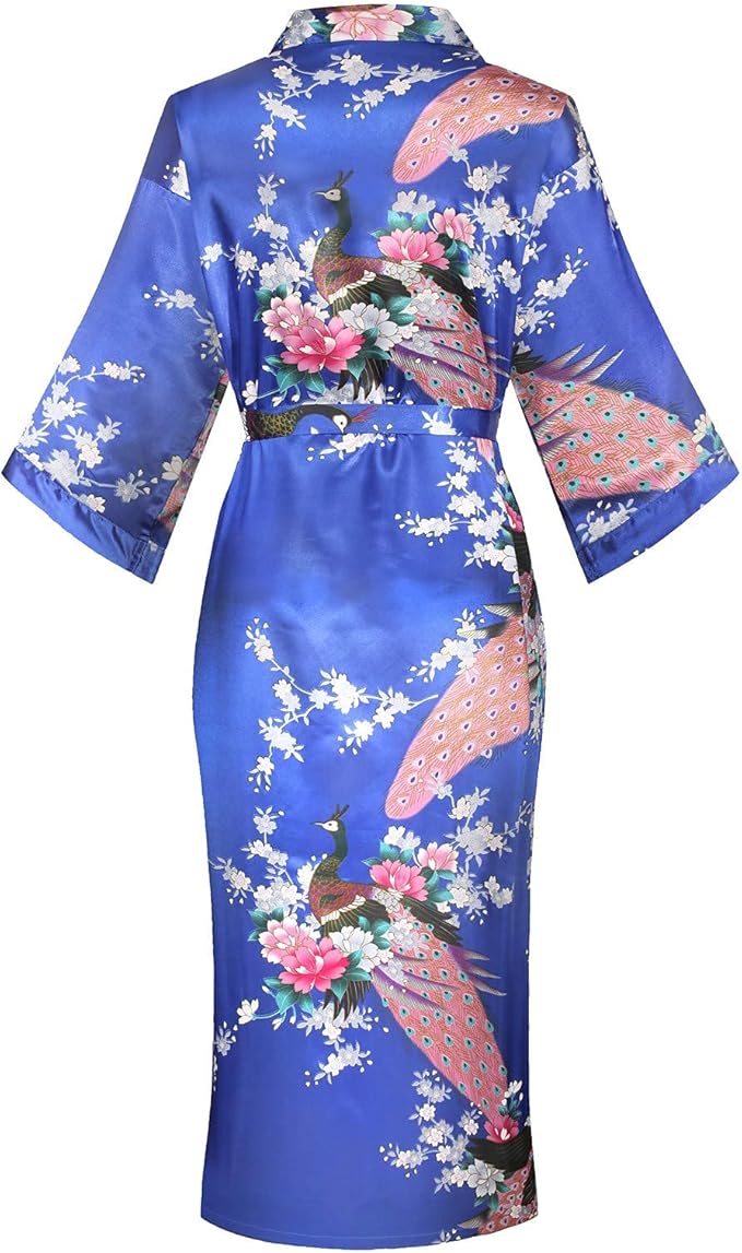 Valennia Women Long Silky Bathrobe Satin Kimono Robe Floral Printed Dressing Gown Sleepwear