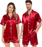 SWOMOG Satin Matching Pajamas Sets Couple Silk Button Down Nightwear Women & Men Short Sleeve Sleepwear 2 Pieces Loungewear