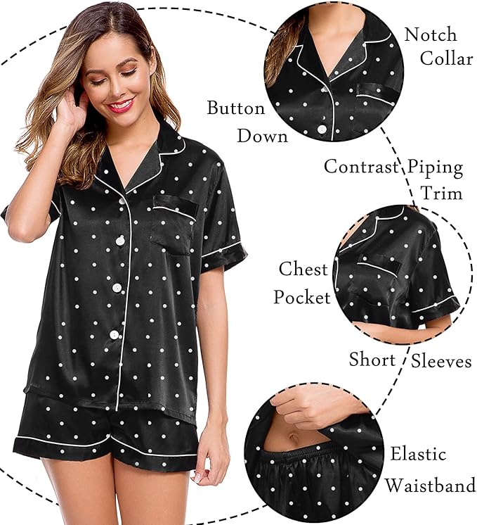 LecGee Womens Silk Satin Pajamas Short Sleeve Loungewear Two-Piece Sleepwear Button-Down Pj Set