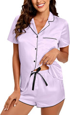 Silk Pajamas for Women Satin Womens PJ Set 2 Piece Short Lounge Set Summer Sleepwear Notch Collar Button-Down Pjs