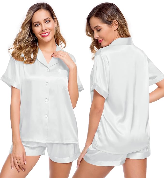 LecGee Womens Silk Satin Pajamas Short Sleeve Loungewear Two-Piece Sleepwear Button-Down Pj Set