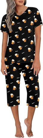 Ekouaer Women's Sleepwear Capri Pajama Sets Short Sleeve Two-Piece Pjs V Neck Tops & Capri Pants with Pockets S-3XL