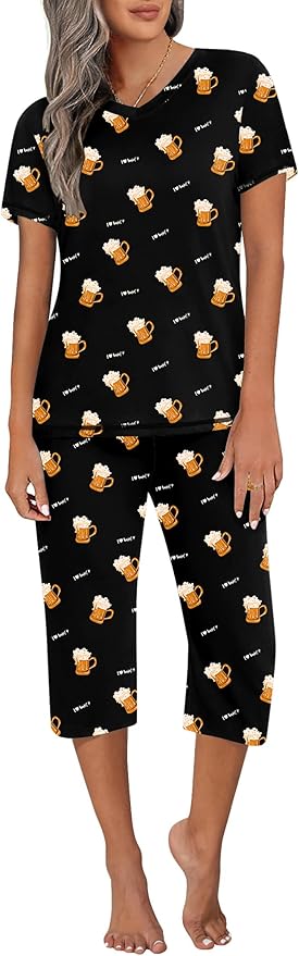 Ekouaer Women's Sleepwear Capri Pajama Sets Short Sleeve Two-Piece Pjs V Neck Tops & Capri Pants with Pockets S-3XL