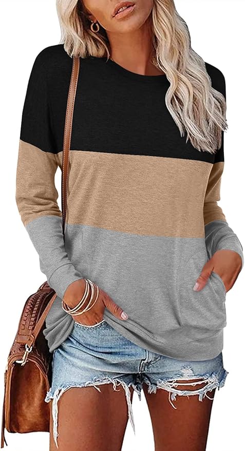 Magritta Women's Long Sleeve Leopard Color Block Tunic Comfy Crewneck T Shirt Tops Black XL