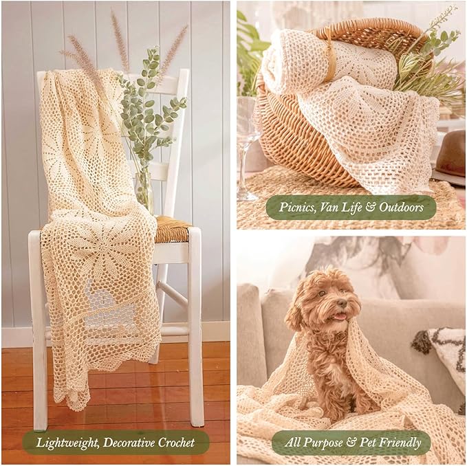Zenviro Boho Throw Blanket, 50"x60", 100% Handmade Crochet Throw Blankets,100% Cotton Beige Throw, Decorative, Vintage Lace Blanket, Boho Decor, Photo Prop, Lightweight Knit