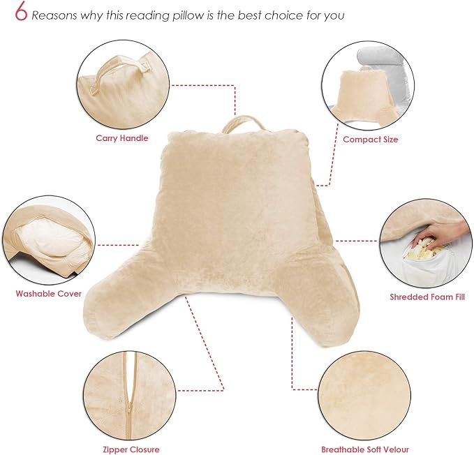 Clara Clark Reading Pillow for Kids & Teens with Shredded Memory Foam, Backrest Pillows for Reading, Watching, and Gaming, Use on Couch, Bed, Floor, Adjustable Support with Washable Cover Beige Cream