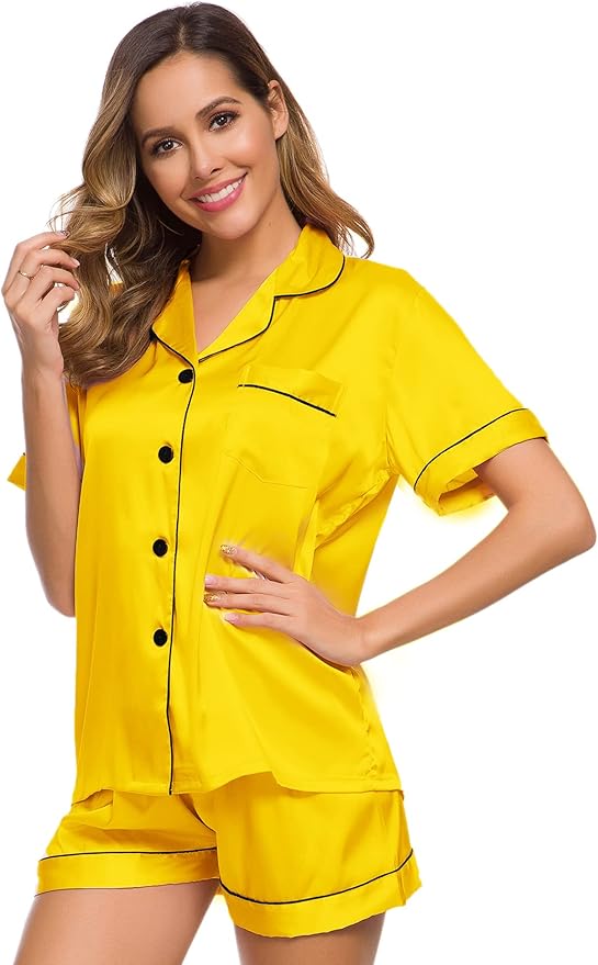 SWOMOG Womens Silk Satin Pajamas Set Short Sleeve Sleepwear Button Down Top and Shorts Loungewear 2 Piece Pjs Set XS-3XL