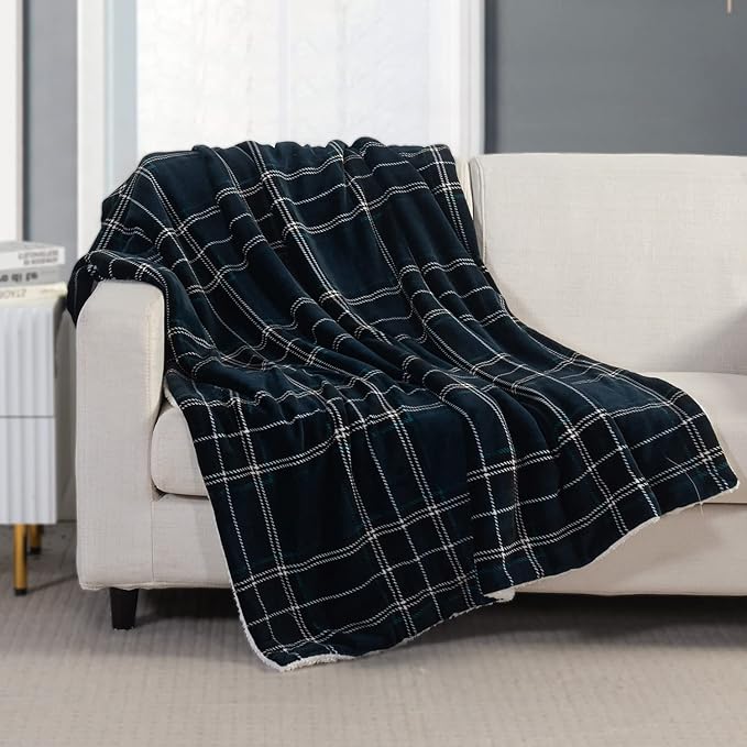 Elegant Comfort Throw Blanket, Reversible Sherpa Flannel, Ultra-Soft, Fuzzy, Cozy and Plush- All Season Lightweight Decorative Throw, 50 x 60 inches, Plaid Design Sherpa Throw, Navy