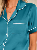 LILLUSORY Silk Satin Pajama Set for Women 2 Piece Lounge Pjs Winter Matching Summer Sleepwear Button Down Shirt Shorts