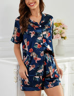 SWOMOG Womens Silk Satin Pajamas Set Short Sleeve Sleepwear Button Down Top and Shorts Loungewear 2 Piece Pjs Set XS-3XL