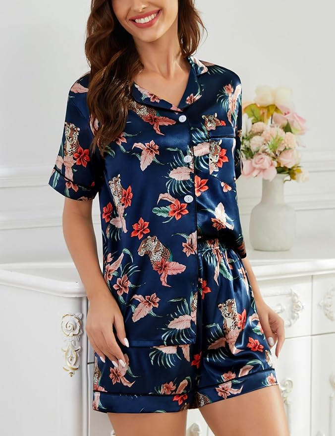 SWOMOG Womens Silk Satin Pajamas Set Short Sleeve Sleepwear Button Down Top and Shorts Loungewear 2 Piece Pjs Set XS-3XL