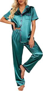 Ekouaer Silk Satin Pajamas Set Women Short Sleeve Sleepwear Soft Button Down Loungewear Pjs Set