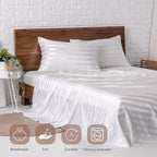 MR&HM Satin Bed Sheets, Queen Size Sheets Set, 4 Pcs Silky Bedding Set with 15 Inches Deep Pocket for Mattress (Queen, Ivory Striped)