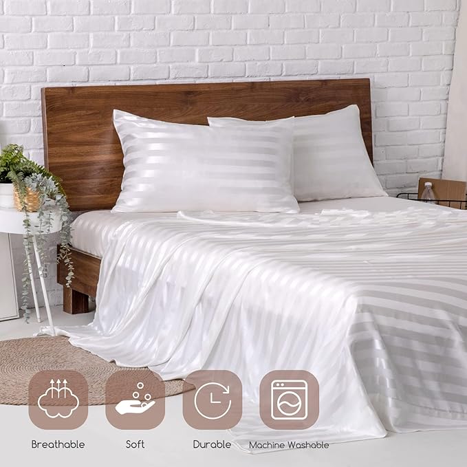 MR&HM Satin Bed Sheets, King Size Sheets Set, 4 Pcs Silky Bedding Set with 15 Inches Deep Pocket for Mattress (King, Ivory Striped)