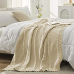 Amélie Home Knit Throw Blanket, Soft Chenille Cozy Breathable Chevron Chunky Decorative Blanket for Couch, Bed & Sofa, French-Inspired Lightweight Warm Gift for Women, Beige, 50"x60"