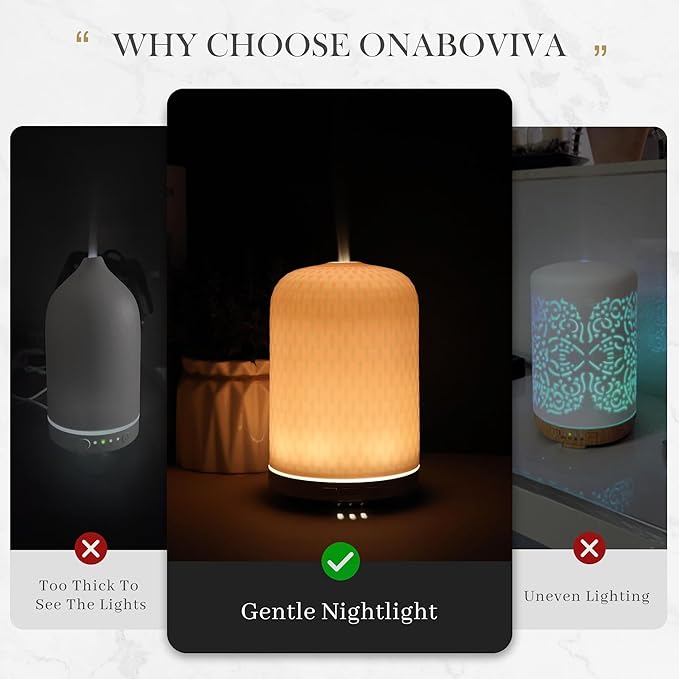 Onaboviva Essential Oil Diffuser -2.4MHz Ultrasonic Pink Ceramic Diffuser for Home,120ml, Pulse&Continuous Mist, Bright/Dim/Breathing Lighting, Waterless Auto-Off, Aromatherapy Diffuser with USB Cable