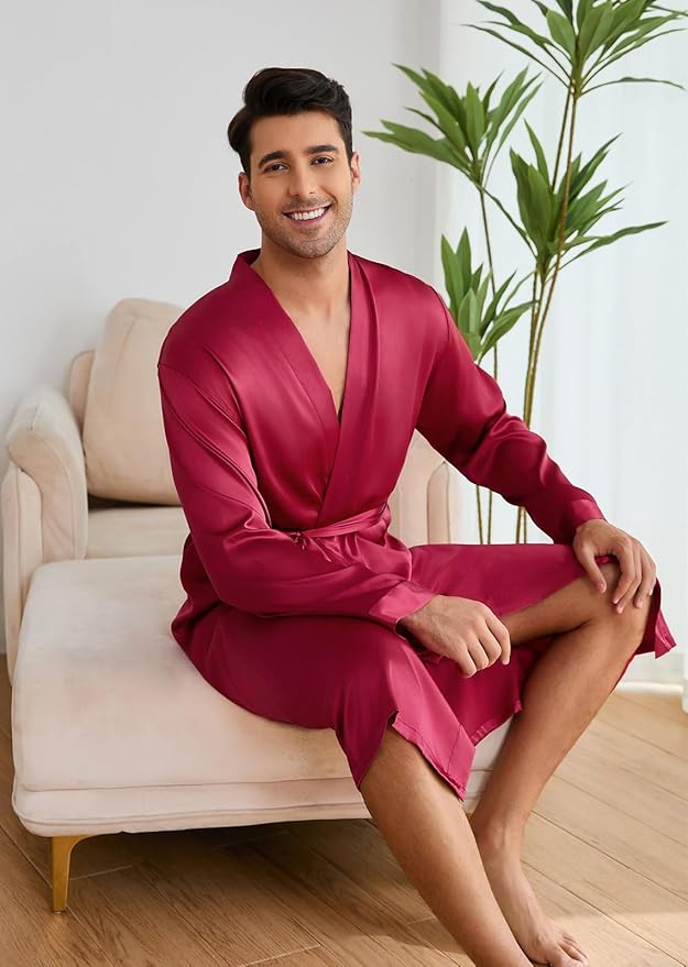 ZUEVI Men's Kimono Robe Set Silk Satin Long Sleeve Bathrobe with Shorts 2 PCS Sleepwear Pjs Sets
