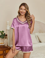 Ekouaer Silk Pajamas for Women Short Sleeve Satin Sleepwear Soft 2 Piece Pjs Shorts Set Loungewear,S-XX