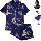 WJing Yi Jia 4Pcs Womens Satin Silky Pajama Sets Short Sleeve Shirt XS-4XL Floral Pajamas Set Soft PJ Loungewear Sleepwear