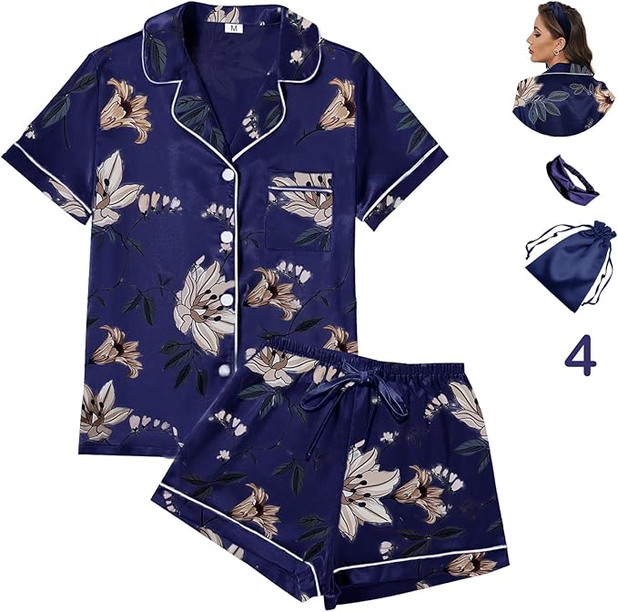 WJing Yi Jia 4Pcs Womens Satin Silky Pajama Sets Short Sleeve Shirt XS-4XL Floral Pajamas Set Soft PJ Loungewear Sleepwear