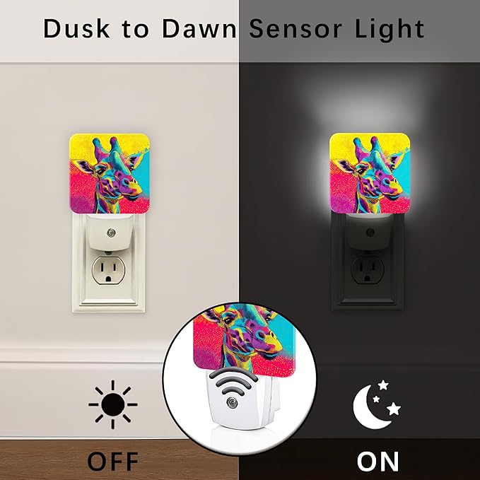 Giraffe Night Lights Plug Into Wall, Modern Playful Colorful Patterns Abstract Shapes None Peach Smart Outlet Plug in Led Night Light Lamp for Living Room Family Room Bedroom Decor 2pcs