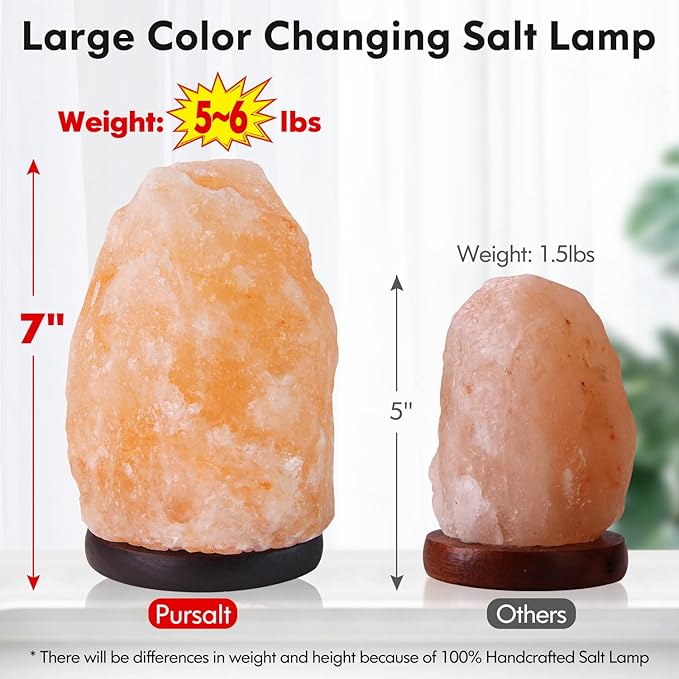 pursalt Himalayan Salt Lamp 7 Inches (5-6 Lbs) with Upgraded Remote Control, Adjustable 16 Color Changing Salt Lamp Night Light, Natural Crystal Pink Large USB Salt Rock Lamp for Home Decor