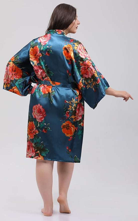 QXQTER Peony Floral Silky Satin Robe Wedding Bridal Party Bride Bridesmaid Robes for Women Dressing Gown Kimono Robe