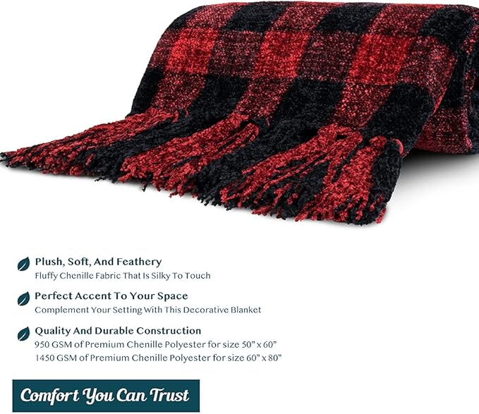 Pavilia Plaid Throw Blanket for Couch & Sofa, Soft Knit Woven Blanket with Tassel, Decorative for Living Room, Buffalo Check Black Red 50x60
