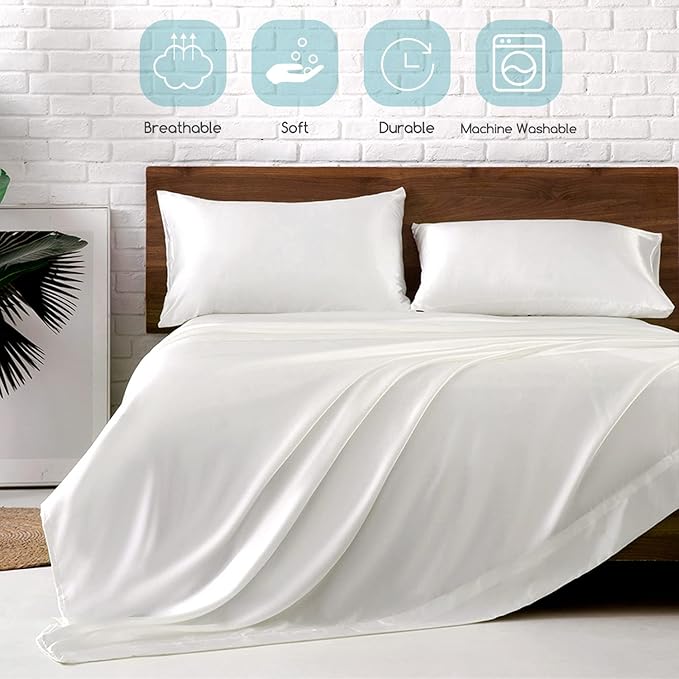 MR&HM Satin Bed Sheets, Queen Size Sheets Set, 4 Pcs Silky Bedding Set with 15 Inches Deep Pocket for Mattress (Queen, Ivory)